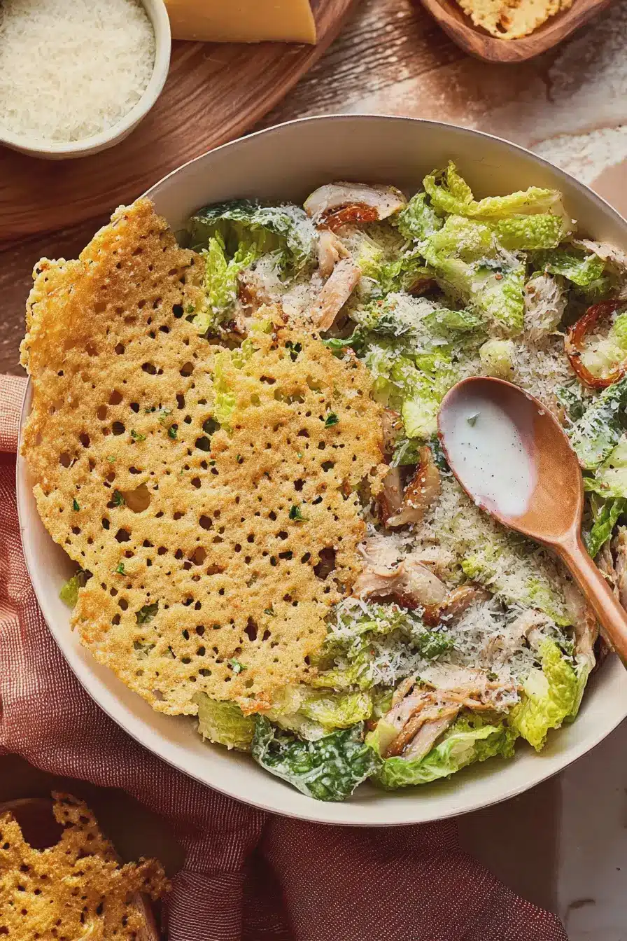 Quick, Scoopable Micro Chop Caesar Salad with Giant Parmesan Crisp