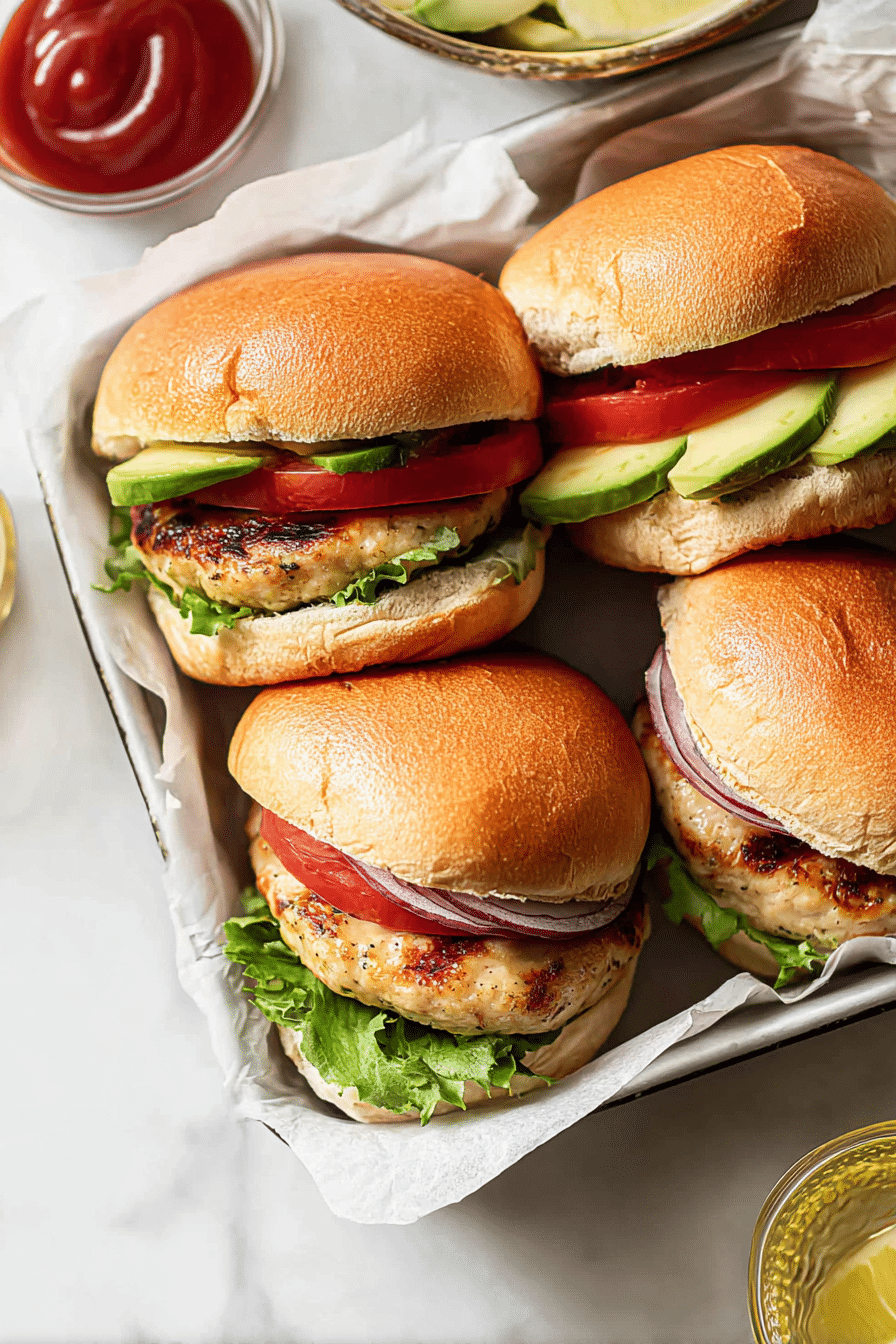 Delicious avocado turkey burger topped with sliced avocado and pepper jack cheese on a brioche bun