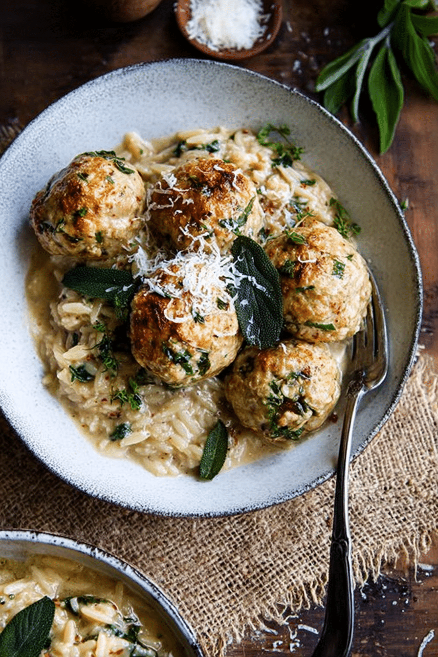 Baked Sage Chicken Meatballs with Parmesan Orzo: A Cozy Dinner