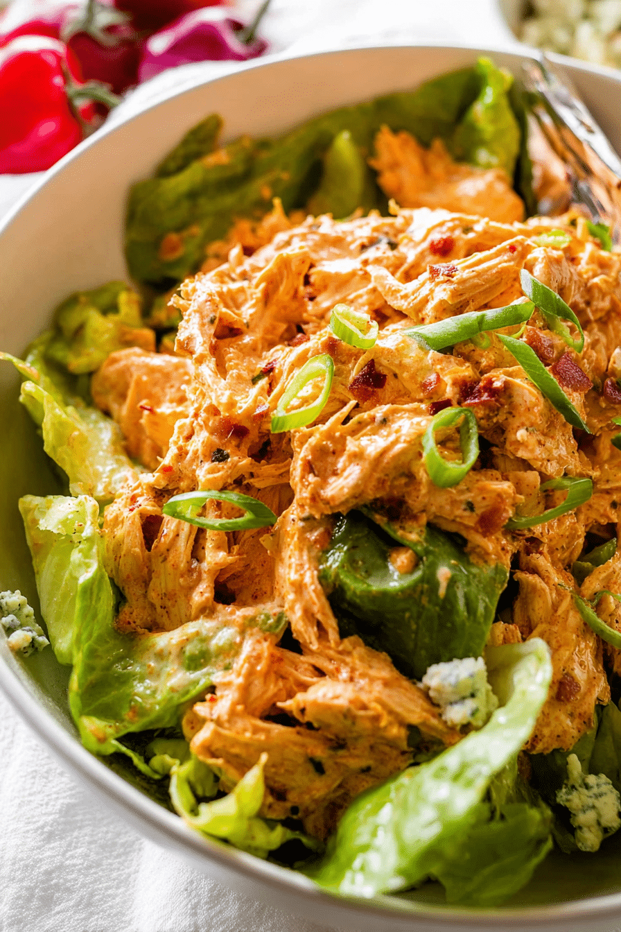 Delicious buffalo chicken salad in a bowl topped with green onions and blue cheese, surrounded by fresh ingredients.