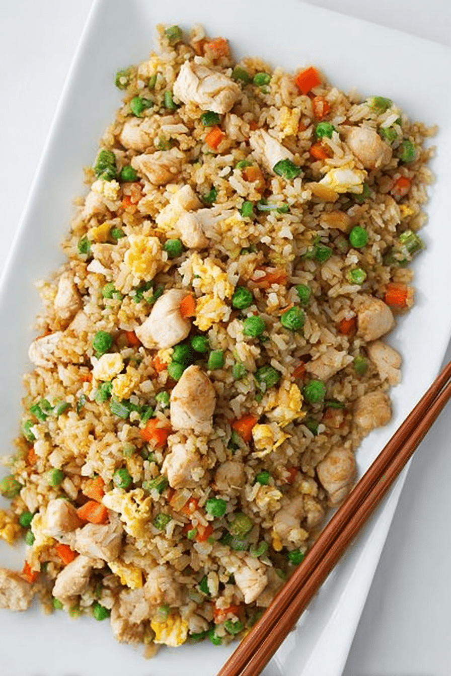 Delicious chicken fried rice served in a bowl, garnished with green onions and Sriracha, perfect for any meal.