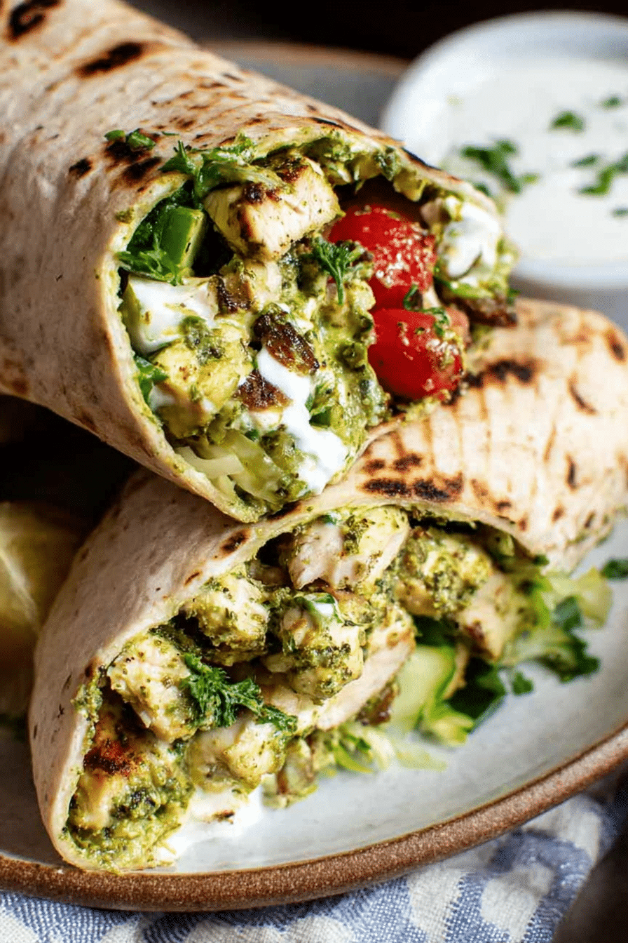 Delicious chicken pesto wraps filled with fresh ingredients, showcasing vibrant colors and textures on a wooden table.