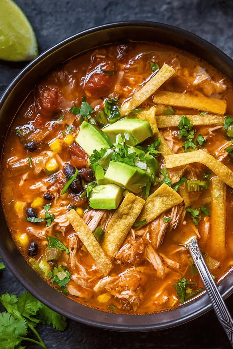 Delicious chicken tortilla soup topped with tortilla strips, avocado, cilantro, and lime.