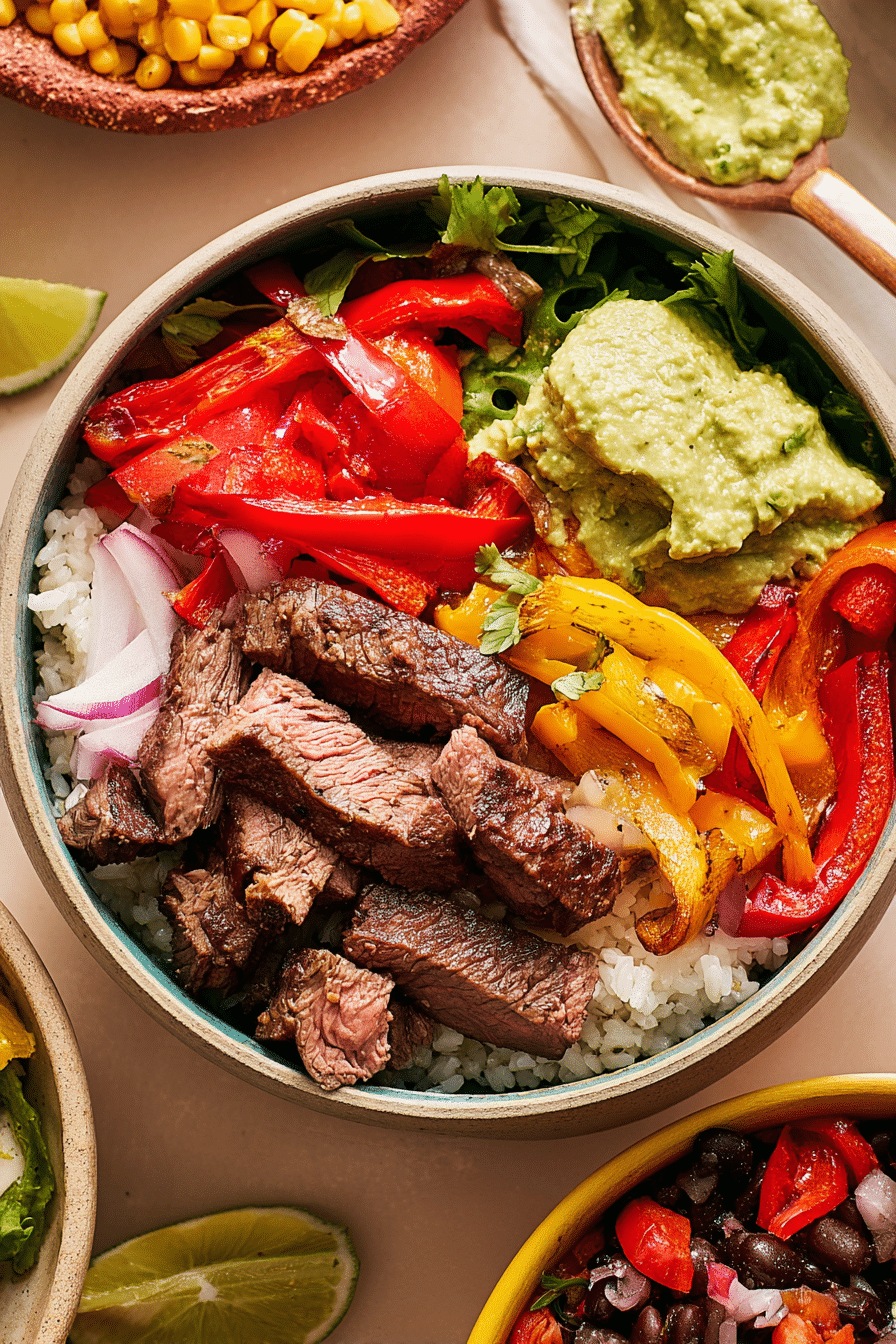 Chipotle steak fajita bowl with steak, bell peppers, and guacamole on a wooden table.