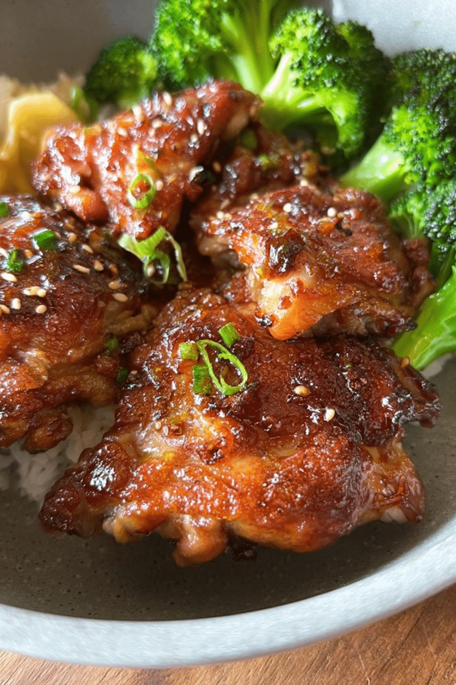 Delicious soy garlic chicken thighs served with steamed rice and vegetables