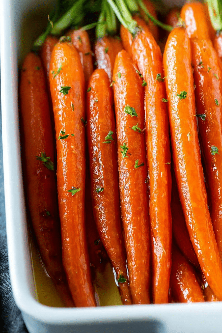 Plate of honey roasted carrots garnished with parsley, highlighting their caramelized texture against a rustic backdrop.