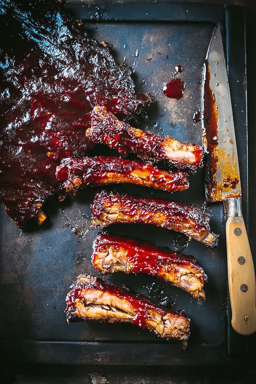 Delicious bourbon-honey glazed ribs served on a wooden board with herbs and BBQ sauce.