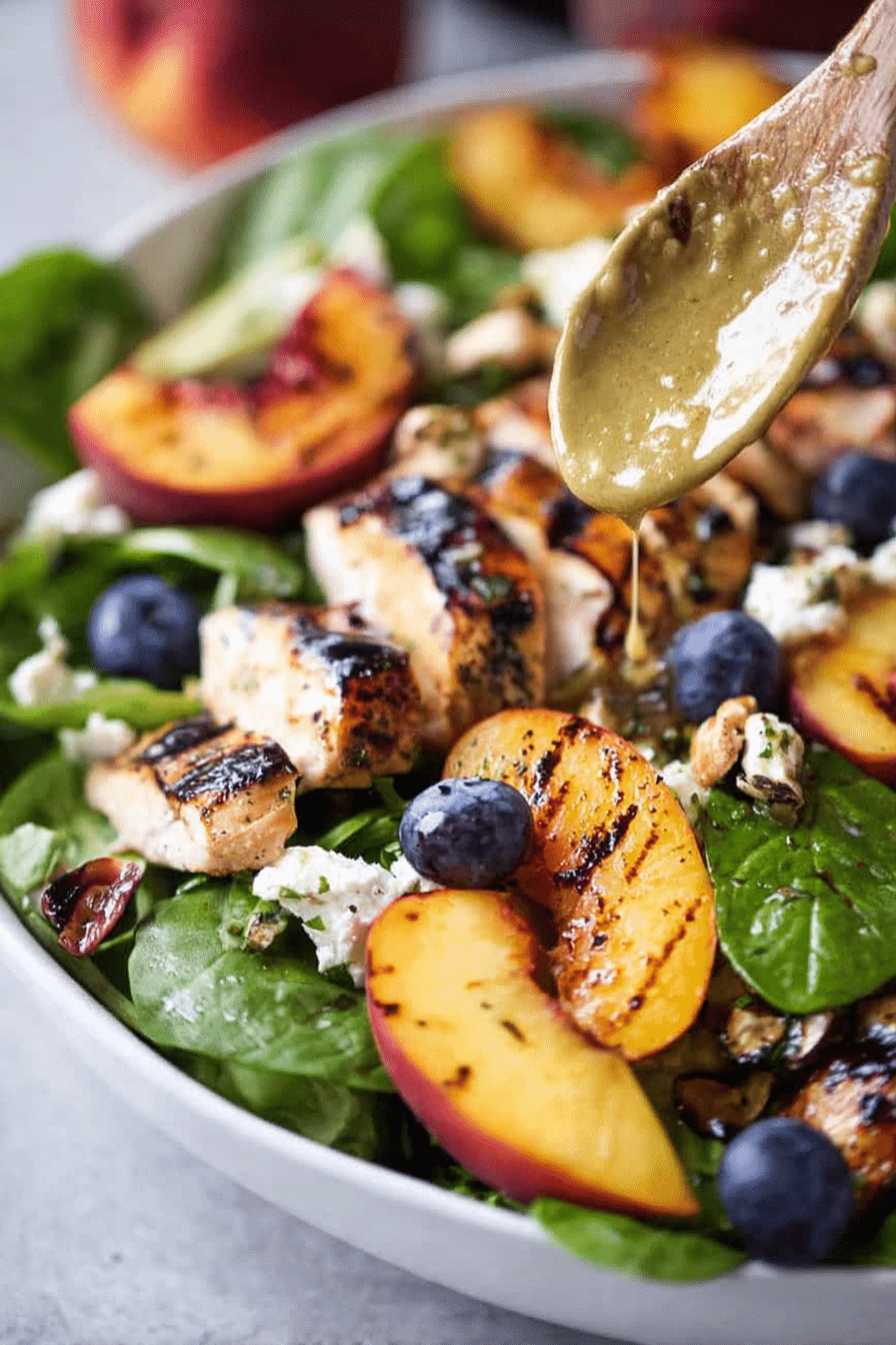 Grilled peach salad with chicken, blueberries, and goat cheese served in a bowl on a wooden table.