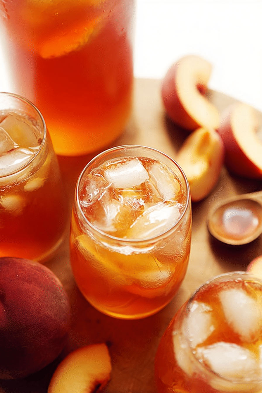 A refreshing glass of perfect peach iced tea with fresh peach slices and ice on a sunny patio.