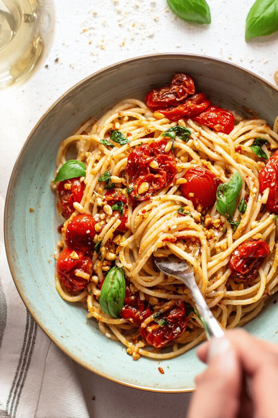 Delicious roasted tomato and basil pasta with toasted pine nuts and fresh basil on a wooden table.