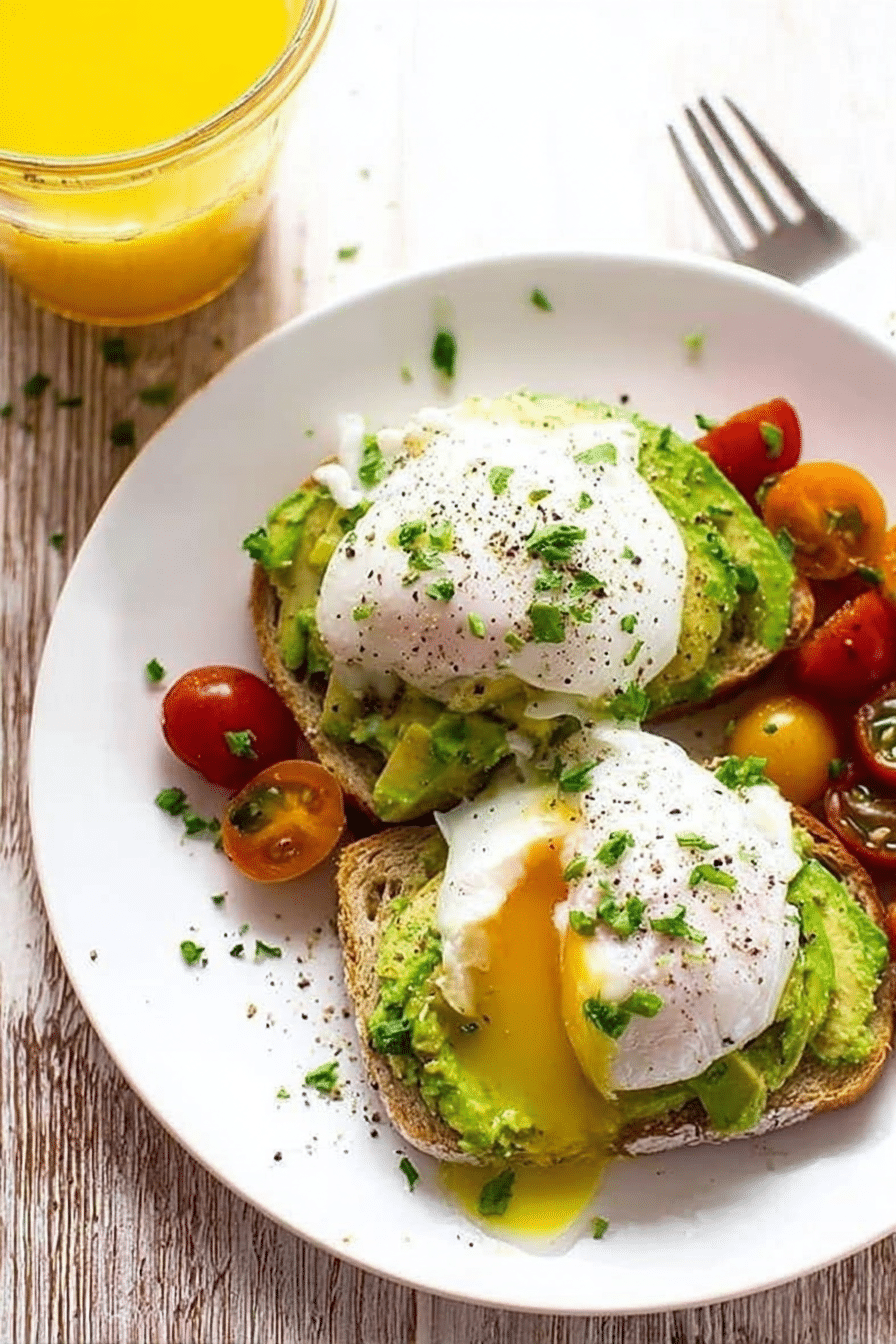 Close-up of avocado toast with poached egg, garnished with herbs and cherry tomatoes.