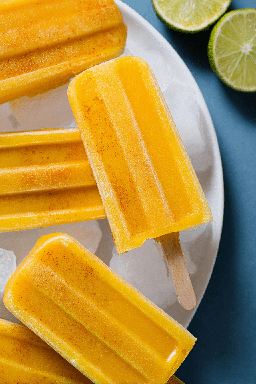 Close-up of spicy mango popsicles with fresh mango slices and chili peppers.