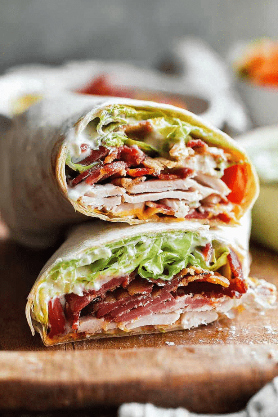 Turkey club wrap with layers of turkey, bacon, lettuce, tomato, and avocado cut in half on a wooden board.