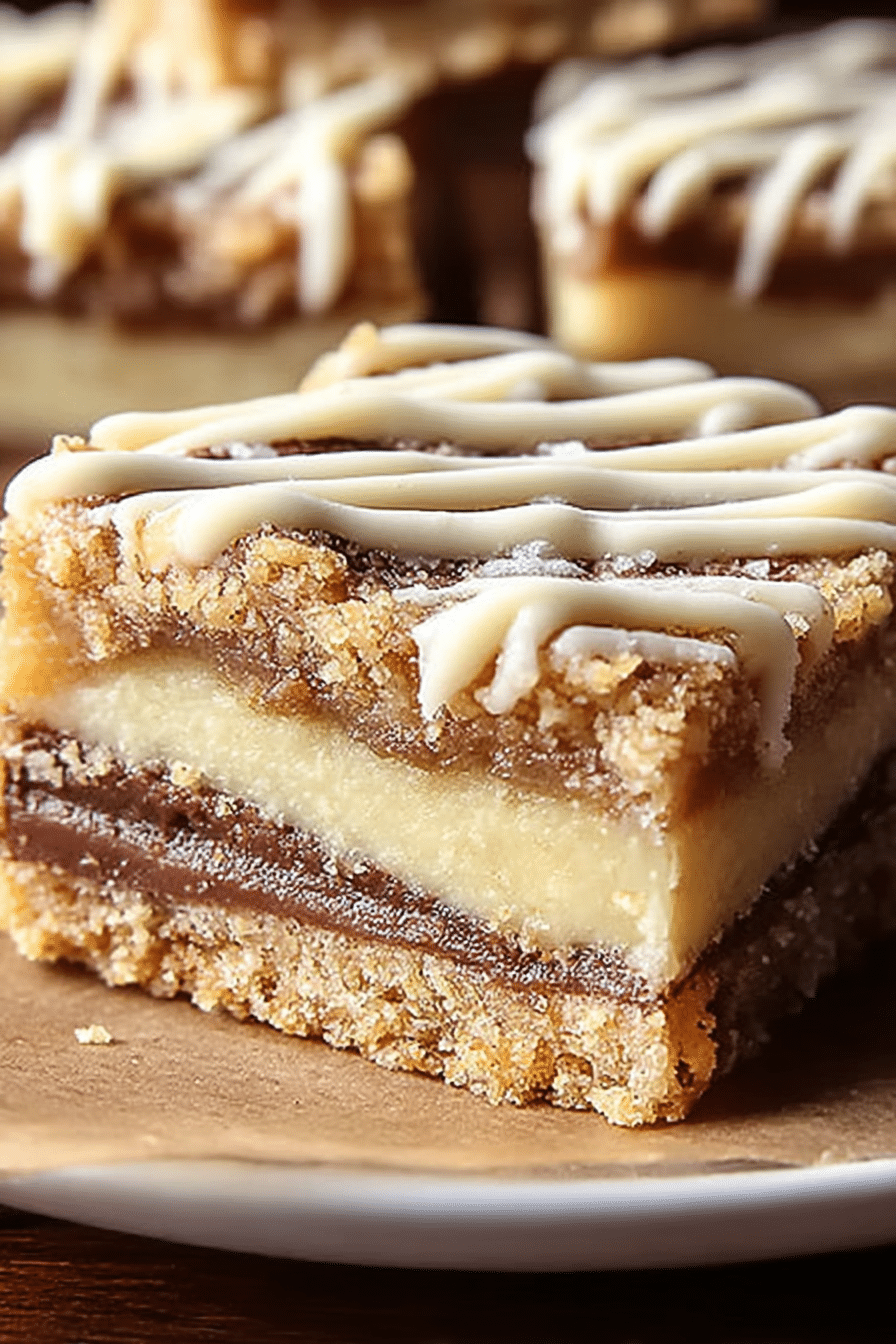 Homemade vanilla bars dusted with powdered sugar on a wooden table, with vanilla beans and eggs in the background.